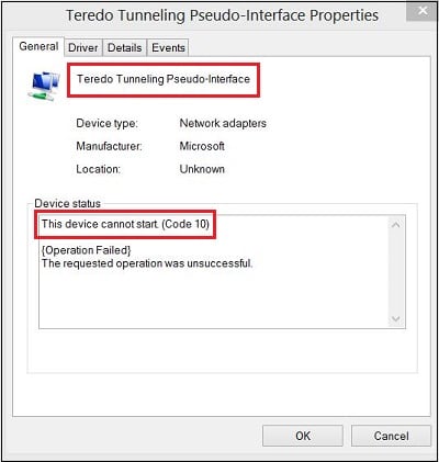 Ошибка 10 "Teredo Tunneling Pseudo-Interface "