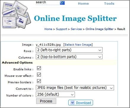Меню сервиса "Online Image Splitter"