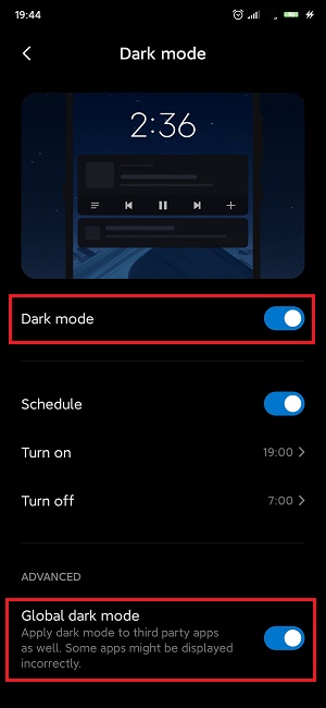 Опция Dark Mode