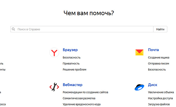 Страница поддержки Яндекс