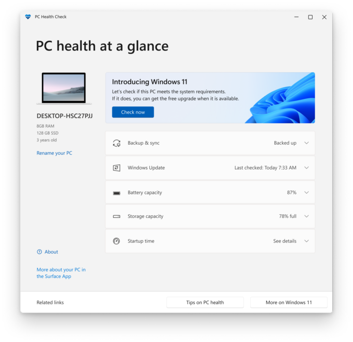 Интерфейс PC Health Check 