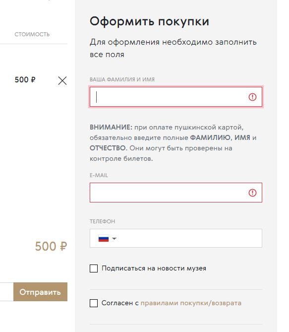 Формы для личных данных при покупке билета по Пушкинской карте 