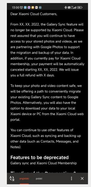 Новость о прекращении поддержки Xiaomi Cloud